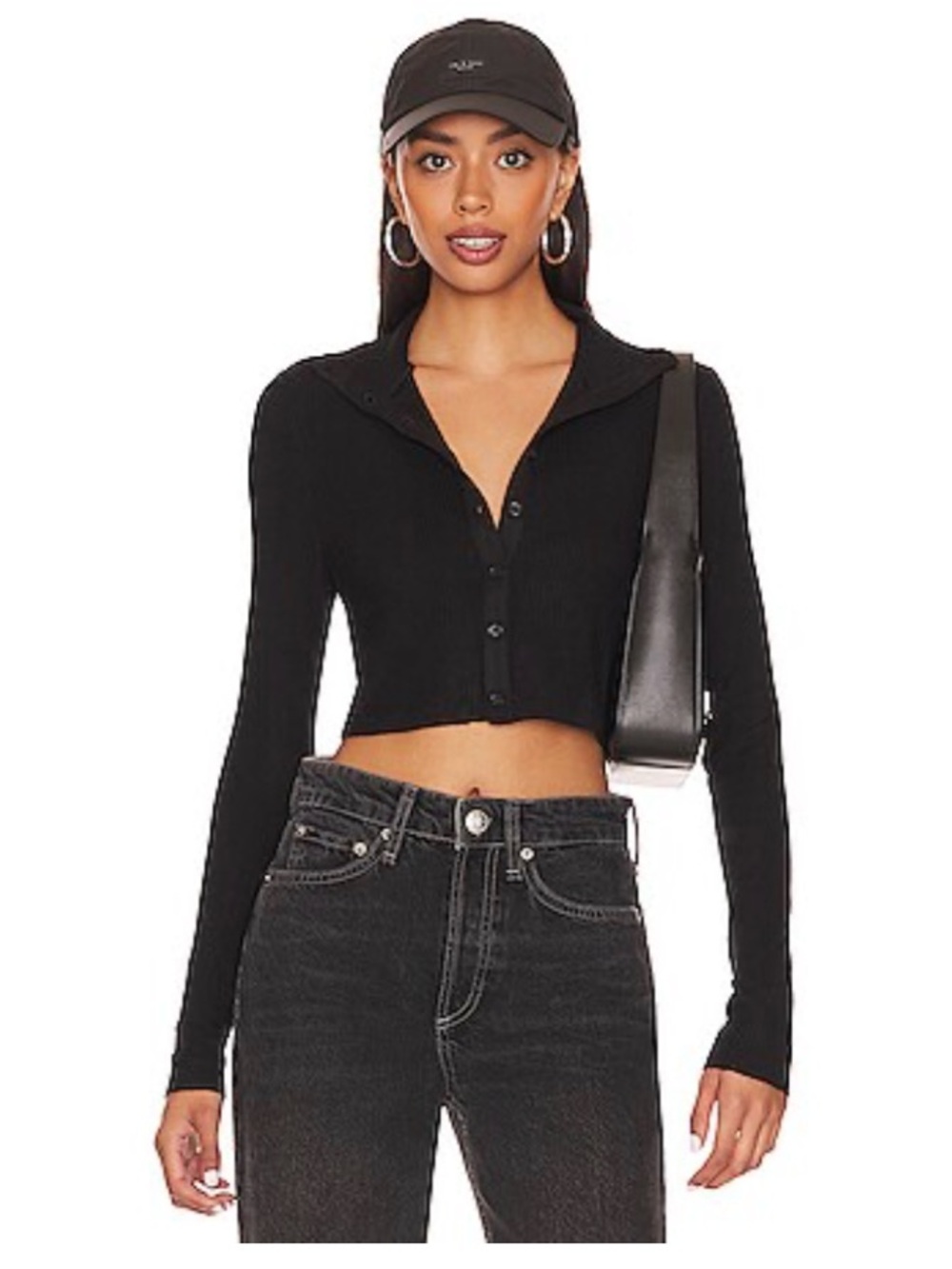 The Range Ribbed Knit Button Down Crop '90s Shirt Black Small